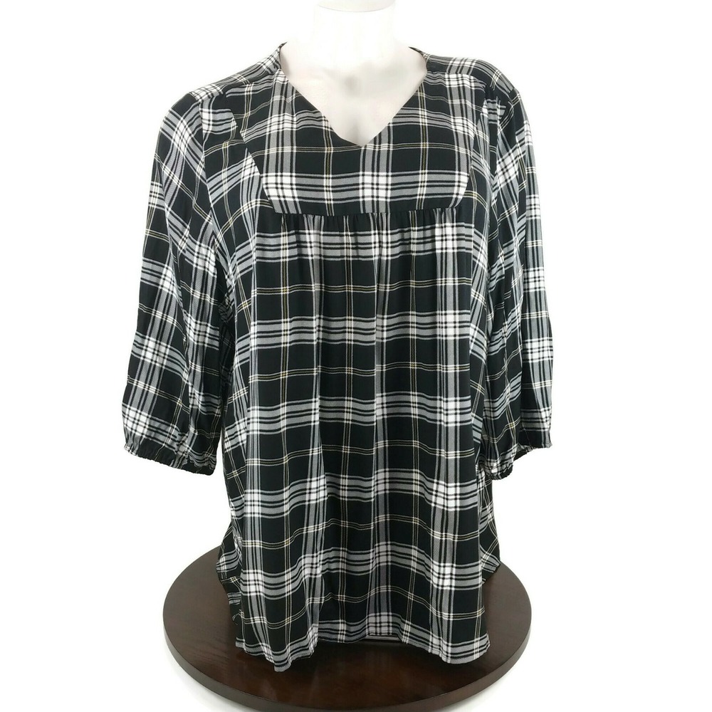 New Women's Plus Lane Bryant Black Plaid Tunic 3/4 Sleeve V Neck Size 28